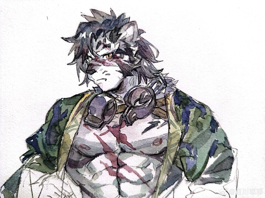 1boy absurdres animal_ears bai_chuan_ye_ye bara black_fur black_hair chinese_commentary closed_mouth commentary_request cross_scar cuffs furry furry_male green_kimono highres japanese_clothes kimono looking_at_viewer male_focus muscular muscular_male nipples painting_(medium) pectorals scar scar_across_eye scar_on_chest scar_on_face sdorica shackles tiger_boy tiger_ears tiger_stripes traditional_media watercolor_(medium) yao_(sdorica) yellow_eyes yukata