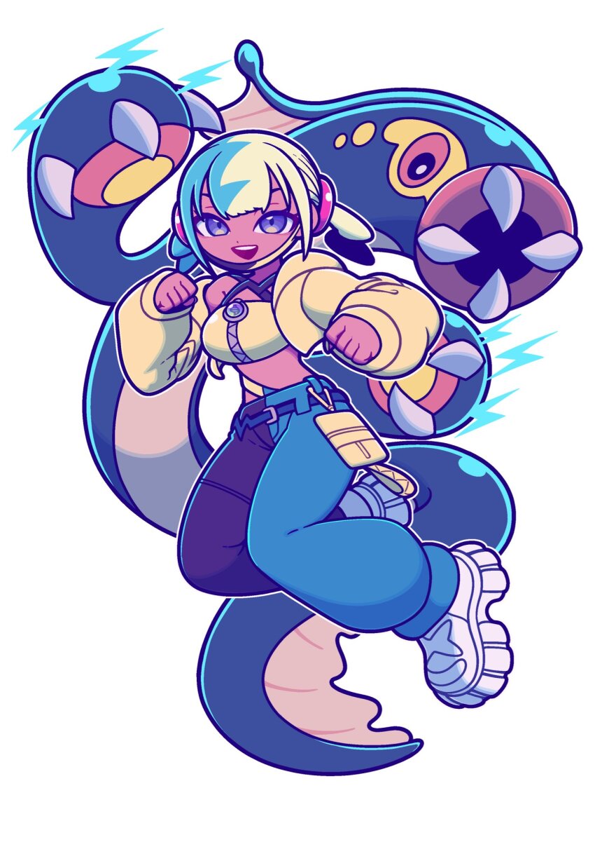 1girl aqua_hair bandeau bear_ringer black_mask black_pants blonde_hair blue_eyes blue_pants breasts canari_(pokemon) claws criss-cross_straps dark-skinned_female dark_skin eel eelektross fish gen_5_pokemon highres jacket lamprey large_breasts lightning_bolt_symbol long_sleeves looking_at_viewer mask mask_pull mega_stone mouth_mask multicolored_hair navel nintendo open_mouth pants pokemon pokemon_(creature) pokemon_legends:_z-a short_twintails smile split-color_hair sports_bra teeth twintails two-tone_hair two-tone_mask two-tone_pants upper_teeth_only yellow_bandeau yellow_jacket yellow_mask yellow_sports_bra