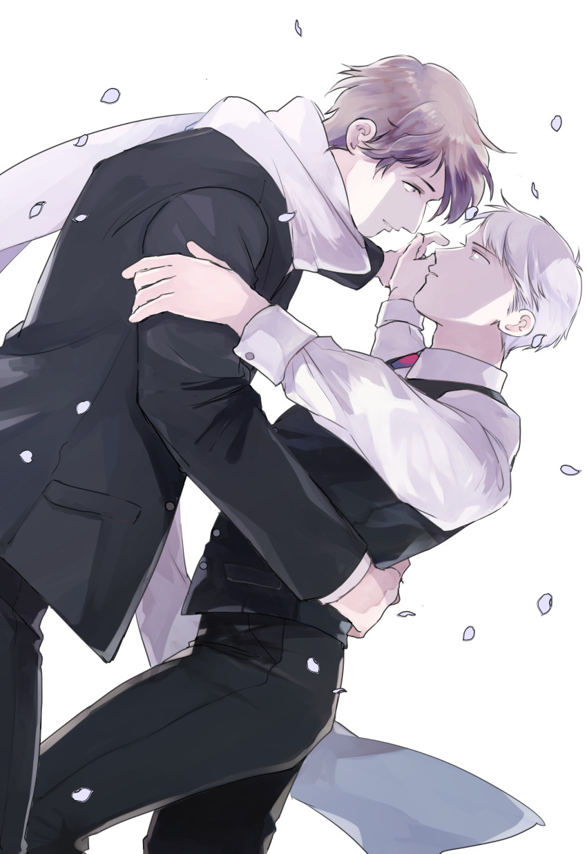 2boys absurdres axis_powers_hetalia black_jacket black_pants black_vest brown_hair buttons closed_mouth collared_shirt commentary_request cowboy_shot floating_clothes formal_clothes goro_nyanko grey_hair hand_around_waist hand_up highres holding_hands jacket long_sleeves looking_at_another male_focus multiple_boys open_clothes open_jacket pants petals pink_eyes prussia_(hetalia) purple_eyes russia_(hetalia) scarf shirt short_hair simple_background smile standing suit suit_jacket vest white_background white_scarf white_shirt yaoi