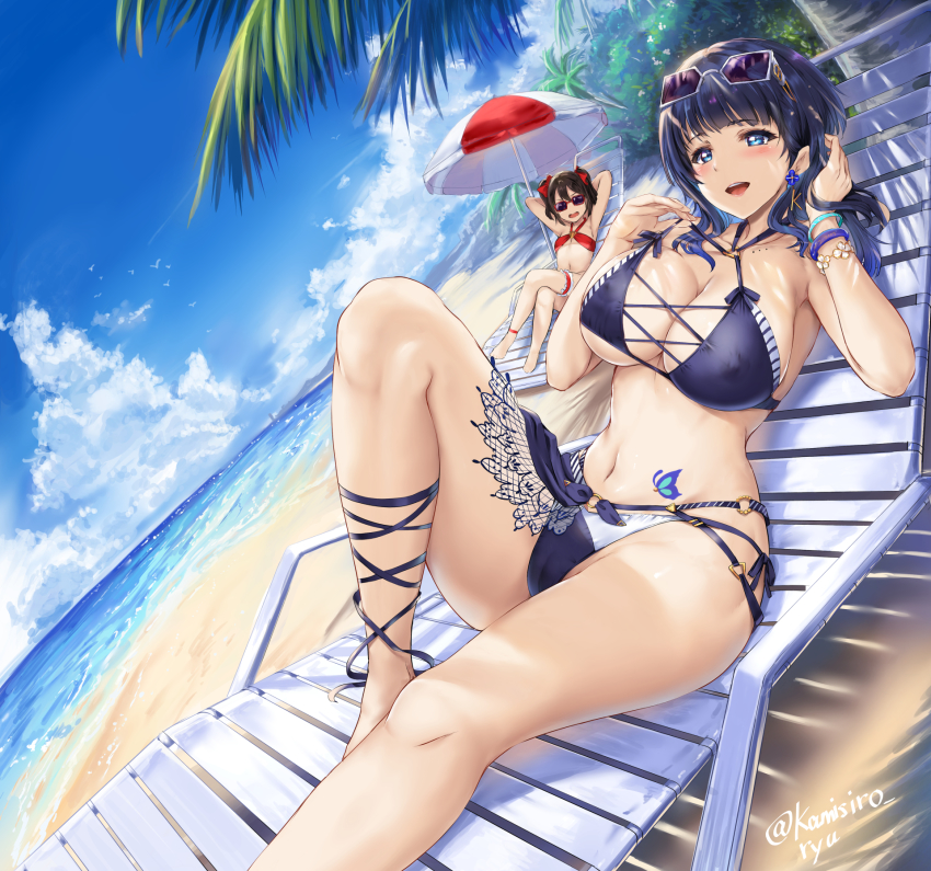 2girls :d adjusting_hair arms_behind_head asaka_karin beach beach_chair beach_umbrella bikini black_hair blue_bikini blue_eyes blue_hair blush bracelet breasts butterfly_tattoo cameltoe cleavage cloud collarbone commentary_request covered_erect_nipples crossed_legs dutch_angle earrings eyewear_on_head frilled_thigh_strap hair_ribbon highres jewelry kamishiro_ryuu knee_up large_breasts looking_at_viewer love_live! love_live!_nijigasaki_high_school_idol_club love_live!_school_idol_festival love_live!_school_idol_project lying mole mole_on_collarbone multiple_girls o-ring o-ring_bikini on_back open_mouth outdoors palm_tree ribbon short_hair sky small_breasts smile stomach sunglasses swimsuit tattoo thigh_strap thighs tree twintails umbrella water yazawa_nico