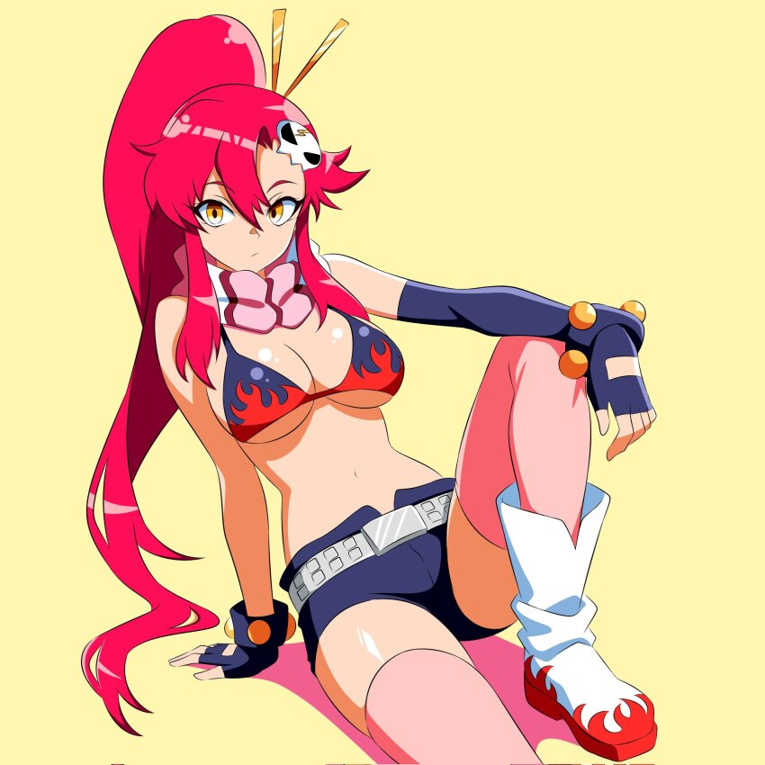 1girl arm_support asymmetrical_gloves belt bikini bikini_top_only blizzard_(b1iz4rd) boots breasts cleavage closed_mouth elbow_gloves fingerless_gloves flame_print gloves hair_ornament high_ponytail highres large_breasts navel pink_thighhighs ponytail print_bikini print_boots red_hair scarf short_shorts shorts sidelocks simple_background single_elbow_glove sitting skull_hair_ornament solo stomach swimsuit tengen_toppa_gurren_lagann thighhighs thighs uneven_gloves yellow_background yellow_eyes yoko_littner