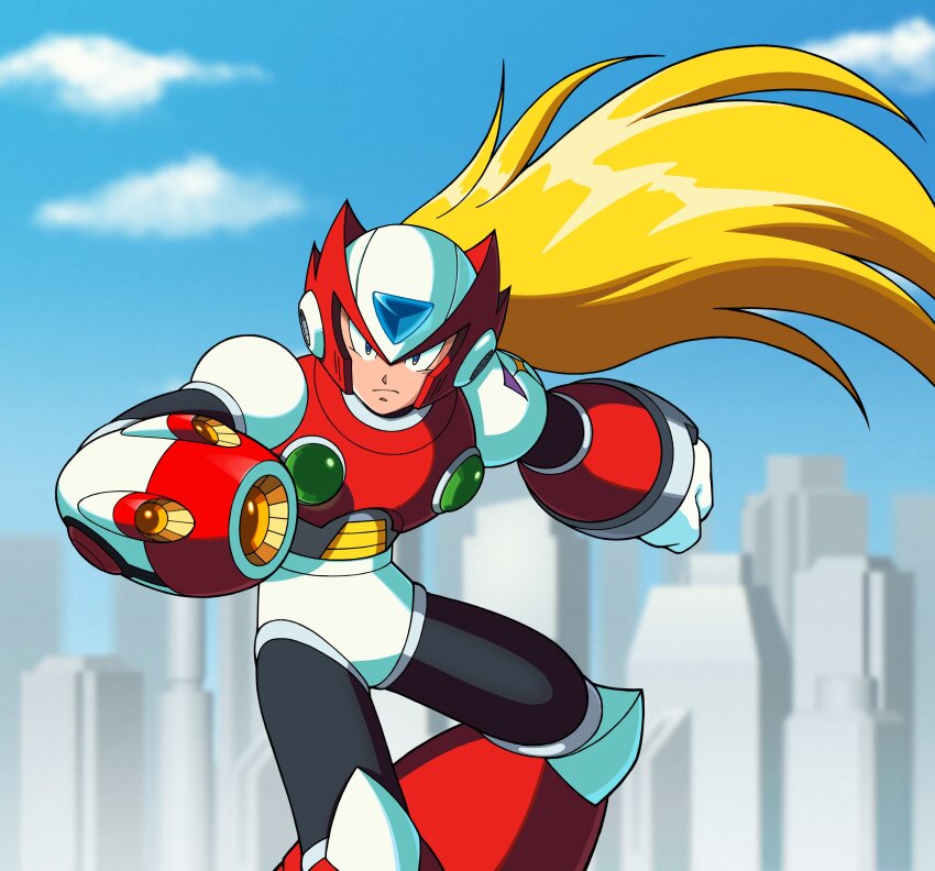 1boy absurdres android arm_cannon blonde_hair blue_eyes blue_sky chest_jewel clenched_hand diegodoodles forehead_jewel helmet highres jewelry long_hair male_focus mega_man_(series) mega_man_x1 mega_man_x_(series) official_style ponytail red_helmet robot robot_ears sensei_haruki_suetsugu_(style) sky skyline weapon zero_(mega_man)