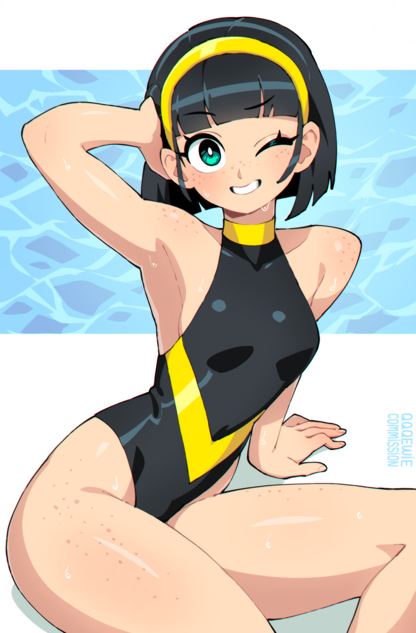 aqua_eyes arm_behind_head arm_support armpits artist_name bad_tag black_hair black_one-piece_swimsuit blue_background blunt_bangs blunt_ends bob_cut body_freckles border breasts bright_pupils commentary commission dripping english_commentary english_text eyelashes freckles hairband halterneck hand_on_own_head highleg highleg_one-piece_swimsuit highres kasia_mikolajczyk_(silverfox442) leaning_back letterboxed looking_at_viewer medium_breasts narrow_waist one-piece_swimsuit one_eye_closed original outside_border parted_lips qewie second-party_source shiny_skin sitting smile swimsuit two-tone_one-piece_swimsuit water wet white_border white_pupils yellow_hairband yellow_one-piece_swimsuit yokozuwari