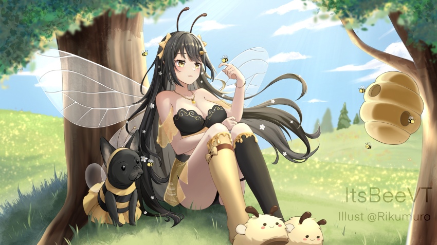 1girl absurdres animal_costume animal_slippers antennae arthropod_girl bee bee_girl bee_wings beehive black_hair black_socks blush_stickers bow breasts bug character_name cleavage closed_mouth cloud commission dog dog_costume flower gold_necklace grass hair_bow hair_flower hair_ornament highres indie_virtual_youtuber insect insect_girl insect_wings itsbee_(vtuber) jewelry kneehighs long_hair necklace rikumuro sitting sky slippers socks tree twitter_username two-tone_socks virtual_youtuber white_flower yellow_bow yellow_eyes yellow_socks