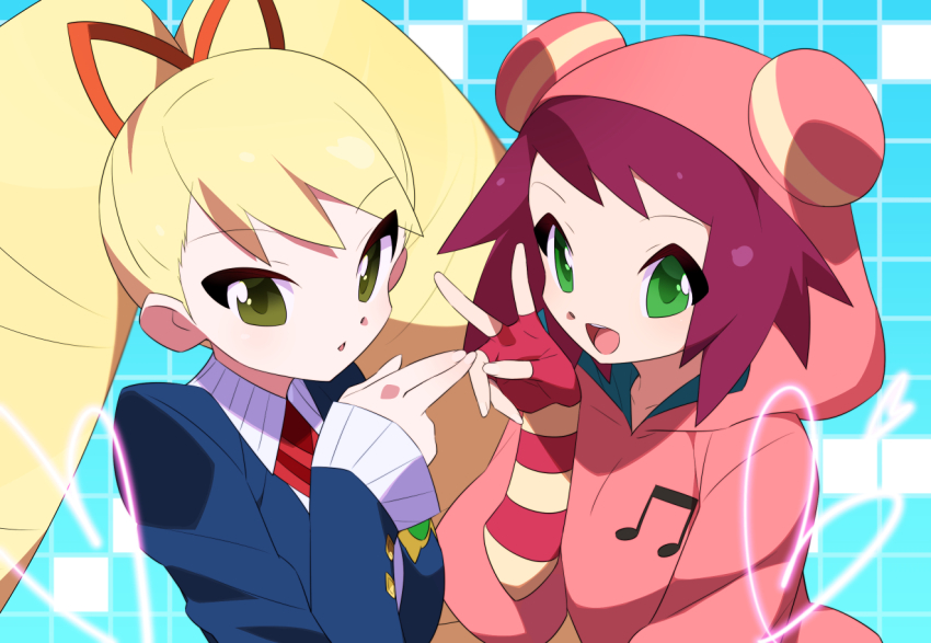 2girls blonde_hair blue_background blue_jacket drill_hair green_eyes heart hood hood_up hoodie jacket kaidou_zx long_hair luna_platz_(mega_man) medium_hair mega_man_(series) mega_man_star_force_(series) multiple_girls pink_hoodie red_hair shirt sonia_strumm_(mega_man) twin_drills upper_body very_long_hair white_shirt