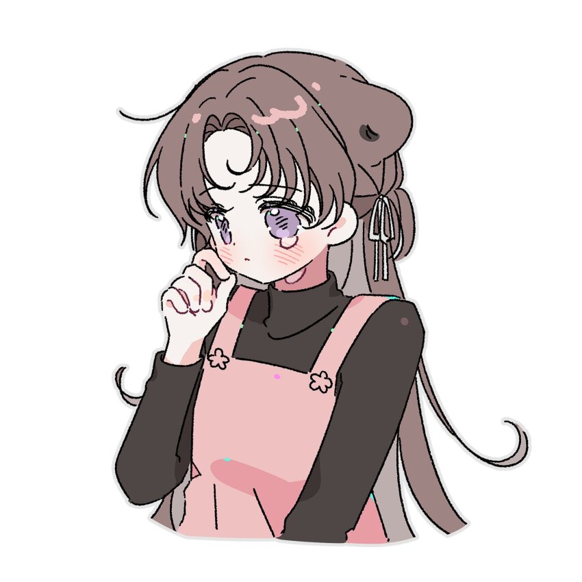 1girl black_shirt blush brown_hair closed_mouth cropped_torso dress grey_outline hair_ribbon hand_up highres long_hair long_sleeves original outline parted_bangs pinafore_dress pink_dress purple_eyes ribbon shirt simple_background sleeveless sleeveless_dress solo turtleneck turtleneck_shirt white_background white_ribbon yalmyu