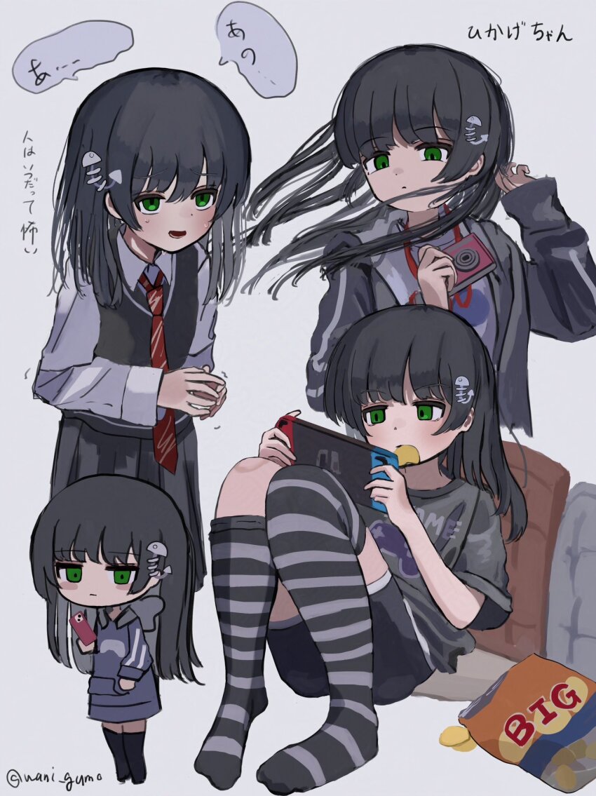 black_hair black_shorts black_sweater_vest blue_jacket bruise_on_knee camera chips_(food) commentary eating fish_skeleton_hair_ornament food food_in_mouth green_eyes handheld_game_console highres holding holding_camera holding_handheld_game_console holding_phone jacket jitome knees_together_feet_apart long_hair multiple_views necktie nintendo_switch no_shoes on_floor original phone playing_games pleated_skirt potato_chips print_shirt red_necktie school_uniform shirt shorts sidelocks simple_background single_loose_sock skirt speech_bubble striped_clothes striped_necktie striped_thighhighs sweater_vest thighhighs track_jacket twitter_username wanigumo white_shirt