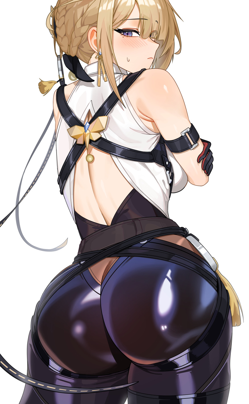 1girl absurdres aiden_(ofsb) arm_belt ass ass_focus back_cutout black_gloves black_pants blonde_hair blush braid breasts bun_with_braided_base chest_harness closed_mouth clothing_cutout commentary criss-cross_back-straps crossed_arms earrings evelyn_chevalier from_behind gloves hair_bun harness high-waist_pants highres jewelry latex_pants looking_at_viewer looking_back mole mole_under_eye pants purple_eyes ring_hair_ornament shiny_clothes shirt simple_background single_earring single_hair_bun sleeveless sleeveless_shirt solo standing sweatdrop tight_clothes tight_pants two-sided_gloves white_background white_shirt zenless_zone_zero