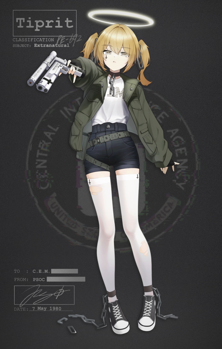 1girl \m/ absurdres adversarial_noise amt_hardballer amt_hardballer_longslide angel bar_censor belt black_gloves black_shoes blonde_hair broken broken_chain brown_belt brown_eyes brown_jacket censored central_intelligence_agency chain chain_leash character_name commentary converse cross cuffs dated denim denim_shorts english_commentary english_text facial_tattoo fingerless_gloves fingernails full_body glitch gloves grey_background gun halo handgun highres holding holding_gun holding_weapon ibm inverted_cross jacket jerry_wang laser_sight leash logo open_clothes open_jacket open_mouth original product_placement shackles shirt shoes short_hair short_shorts shorts signature simple_background skindentation sneakers solo standing tattoo thighhighs tiprit_(jerry_wang) torn_clothes torn_thighhighs traditional_halo twintails watch weapon white_shirt white_thighhighs yellow_halo zettai_ryouiki