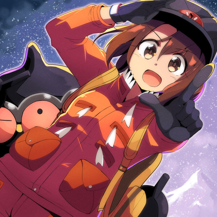 1girl backpack bag black_gloves black_headwear brown_eyes brown_hair claydol commentary_request dynamax_band expedition_uniform gen_3_pokemon gloria_(pokemon) gloves helmet highres jacket moja_(moja4192) mountain nintendo open_mouth orange_jacket outdoors pointing pokemon pokemon_(creature) pokemon_swsh snowing tongue
