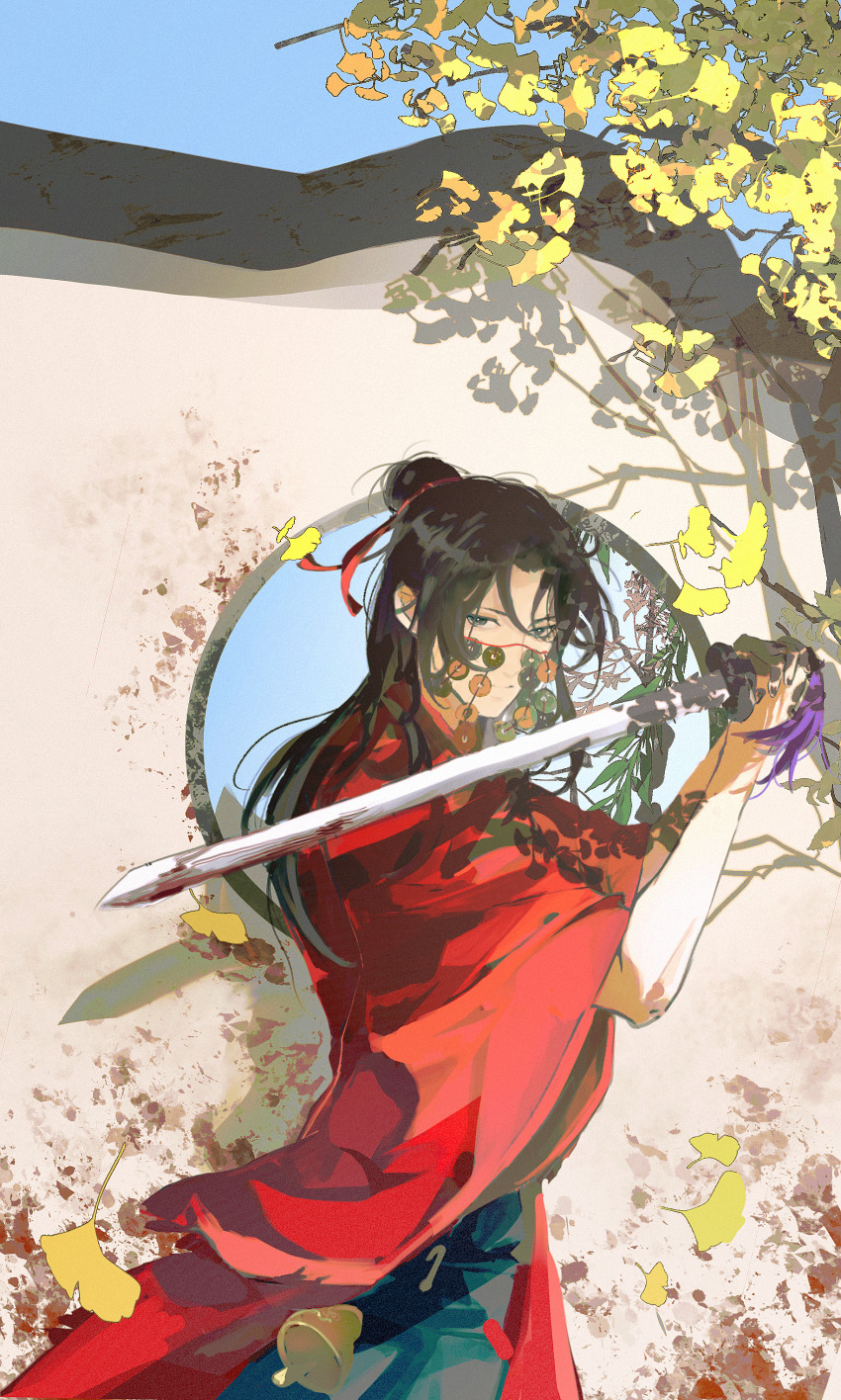 1boy aaawwwssslll absurdres architecture black_eyes black_hair black_hanfu blood blood_on_wall blue_sky braid branch chinese_clothes chinese_commentary closed_mouth coat coin coin_mask dao_gui_yi_xian day east_asian_architecture falling_leaves ginkgo_tree hair_bun hair_ribbon half_updo hanfu highres holding holding_sword holding_weapon holed_coin jian_(weapon) leaf li_huowang long_hair looking_at_viewer male_focus mask mouth_veil outdoors red_coat red_ribbon ribbon shadow single_braid sky solo sword sword_tassel tassel tree upper_body veil weapon window
