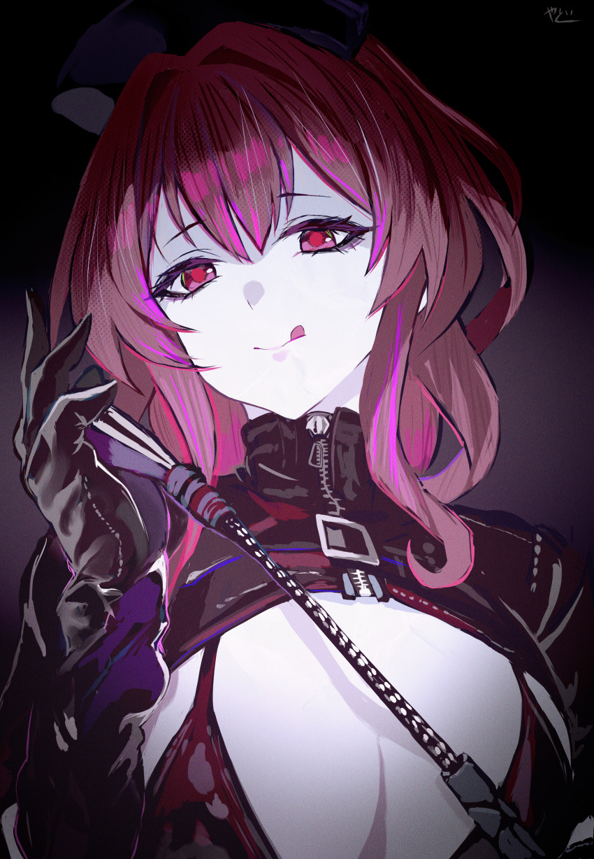 1girl absurdres artist_name black_gloves breast_cutout breasts cleavage closed_mouth gloves hair_between_eyes highres holding holding_whip honkai:_star_rail honkai_(series) jacket kafka_(honkai:_star_rail) large_breasts leather leather_bikini leather_jacket licking_lips long_sleeves multicolored_hair purple_hair red_eyes red_hair solo streaked_hair tongue tongue_out yato_(yama0x1)