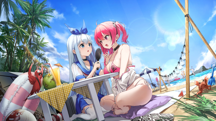 6+girls absurdres ahoge anchor_(nikke) anis_(nikke) anis_(sparkling_summer)_(nikke) bad_source beach bikini bird black_hair blue_eyes blue_hair blue_ribbon blue_sailor_collar blue_skirt blue_sky breasts cleavage coconut crab curvy goddess_of_victory:_nikke hair_brush hair_ornament hair_ribbon helm_(aqua_marine)_(nikke) helm_(nikke) highres holding holding_hair_brush jacket large_breasts light_blue_hair light_bulb looking_at_another mast_(a_pirate&#039;s_heart)_(nikke) mast_(nikke) morgan_(nikke) multicolored_hair multiple_girls nagul neon_(blue_ocean)_(nikke) neon_(nikke) ocean off_shoulder open_mouth outdoors palm_tree parrot pepper_(nikke) pepper_(ocean_vitamin)_(nikke) pink_eyes pink_hair rapi_(classic_vacation)_(nikke) rapi_(nikke) ribbon sailor_collar sand school_uniform see-through_clothes see-through_sleeves serafuku short_twintails sitting skirt skull_choker skull_hair_ornament skull_print sky streaked_hair sunlight swimsuit table thighhighs thong thong_bikini tree triangle_mouth twintails white_jacket white_thighhighs wide_hips