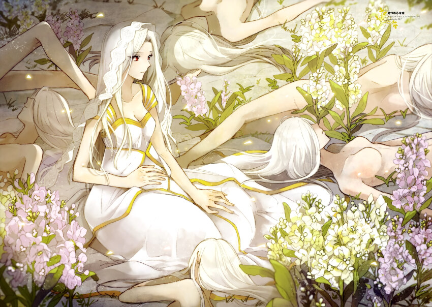 absurdres artbook dress fate/zero fate_(series) flower highres homunculus irisviel_von_einzbern irisviel_von_einzbern_(angel&#039;s_song) long_hair lying matsuko multiple_girls no_nipples nude official_art on_back on_side on_stomach parted_bangs pregnant red_eyes scan tuberose veil white_dress white_flower white_hair