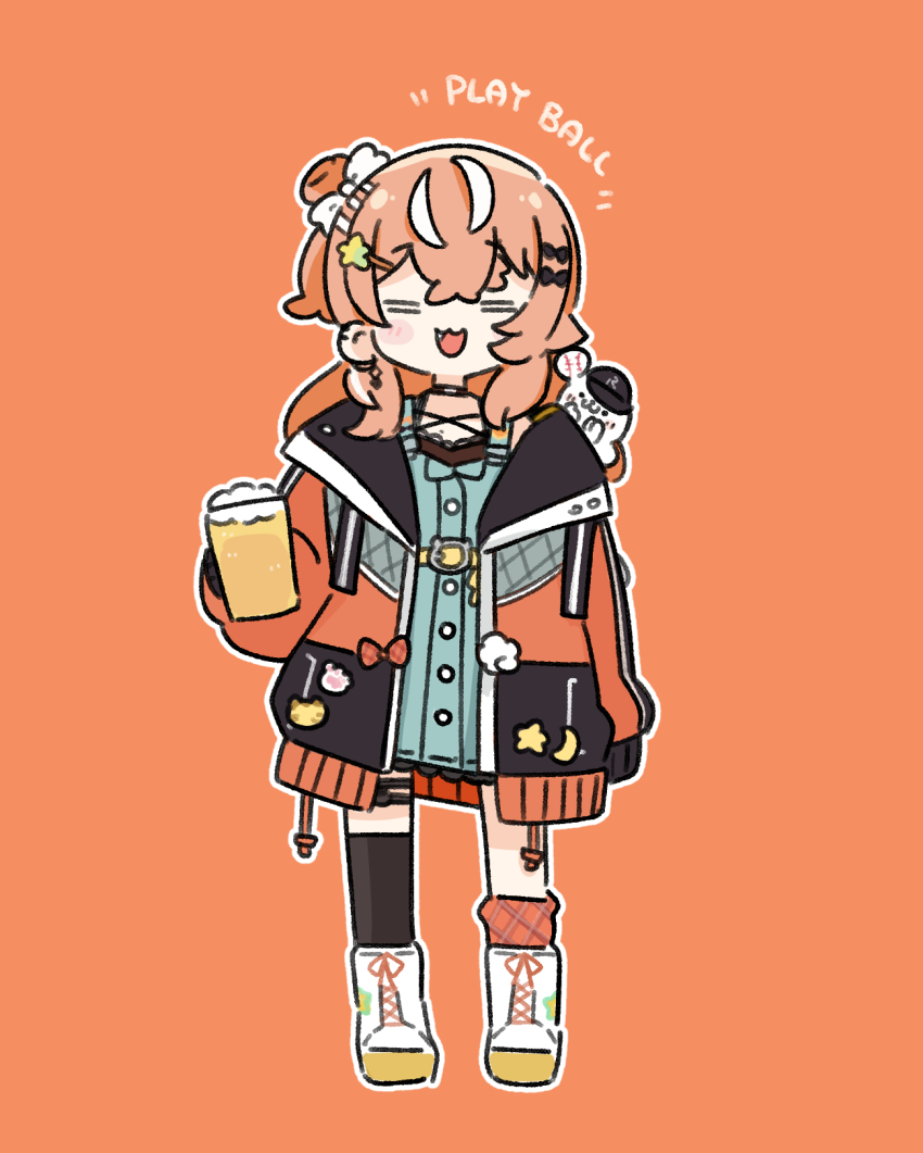 1girl :d =_= alcohol animal asymmetrical_legwear ball baseball_(object) baseball_cap beer black_hat black_socks blue_dress blush_stickers boots bow brown_background brown_hair brown_jacket brown_socks chibi closed_eyes commentary cup dress drinking_glass english_text facing_viewer fang foam full_body hair_bow hair_bun hair_ornament hairclip hat highres holding holding_cup igarashi_rika igarashi_rika_(1st_costume) jacket lace-up_boots long_hair long_sleeves mismatched_legwear multicolored_hair nijisanji nozo_(hitomiz) one_side_up open_clothes open_jacket open_mouth plaid_clothes plaid_socks puffy_long_sleeves puffy_sleeves seal_(animal) simple_background single_side_bun sleeveless sleeveless_dress sleeves_past_fingers sleeves_past_wrists smile socks solo standing star_(symbol) star_hair_ornament streaked_hair virtual_youtuber white_boots white_bow white_hair