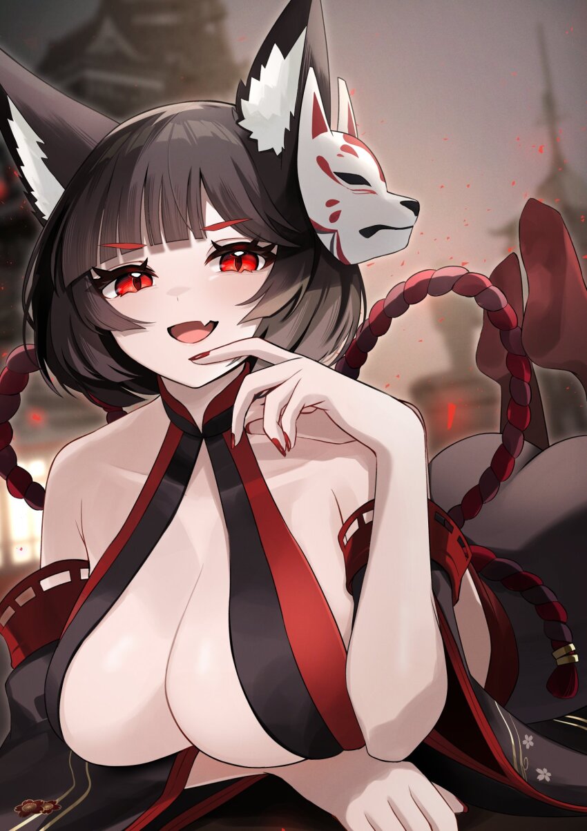 1girl alternate_costume animal_ears azur_lane blurry blurry_background breasts brown_hair brown_sky detached_sleeves fang highres huge_breasts japanese_clothes kimono light_blush looking_at_viewer nails open_mouth red_eyes red_thighhighs short_hair smile soles thighhighs yamaha_tsui yamashiro_(azur_lane) yamashiro_(meta)_(azur_lane)