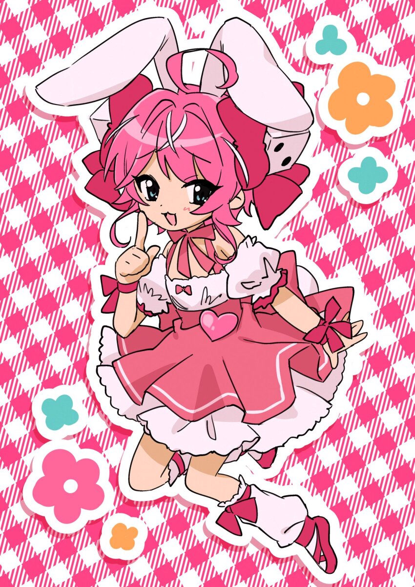 1boy :3 ahoge animal_ears blue_eyes blush bun_(jewd5385) crossdressing dress ensemble_stars! fake_animal_ears fake_tail heart highres himemiya_tori male_focus multicolored_hair open_mouth pink_dress pink_hair rabbit_ears rabbit_tail short_hair short_hair_with_long_locks solo tail trap white_hair