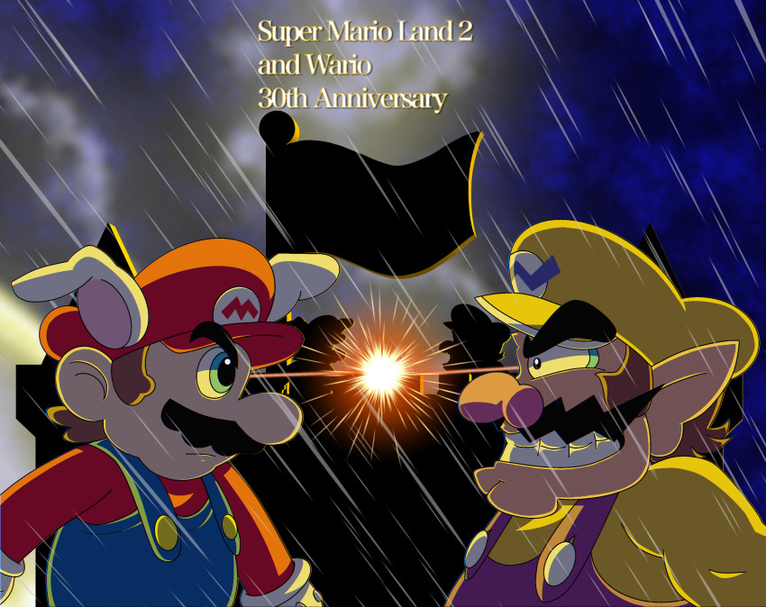2boys angry anniversary brown_hair bunny_mario castle evil_grin evil_smile face-to-face facial_hair fat fat_man flag fortress gloves grin hat highres mario mario_(series) multiple_boys mustache night night_sky nintendo overalls power-up rabbit_ears rain sky smile standoff super_mario_land_2 wario