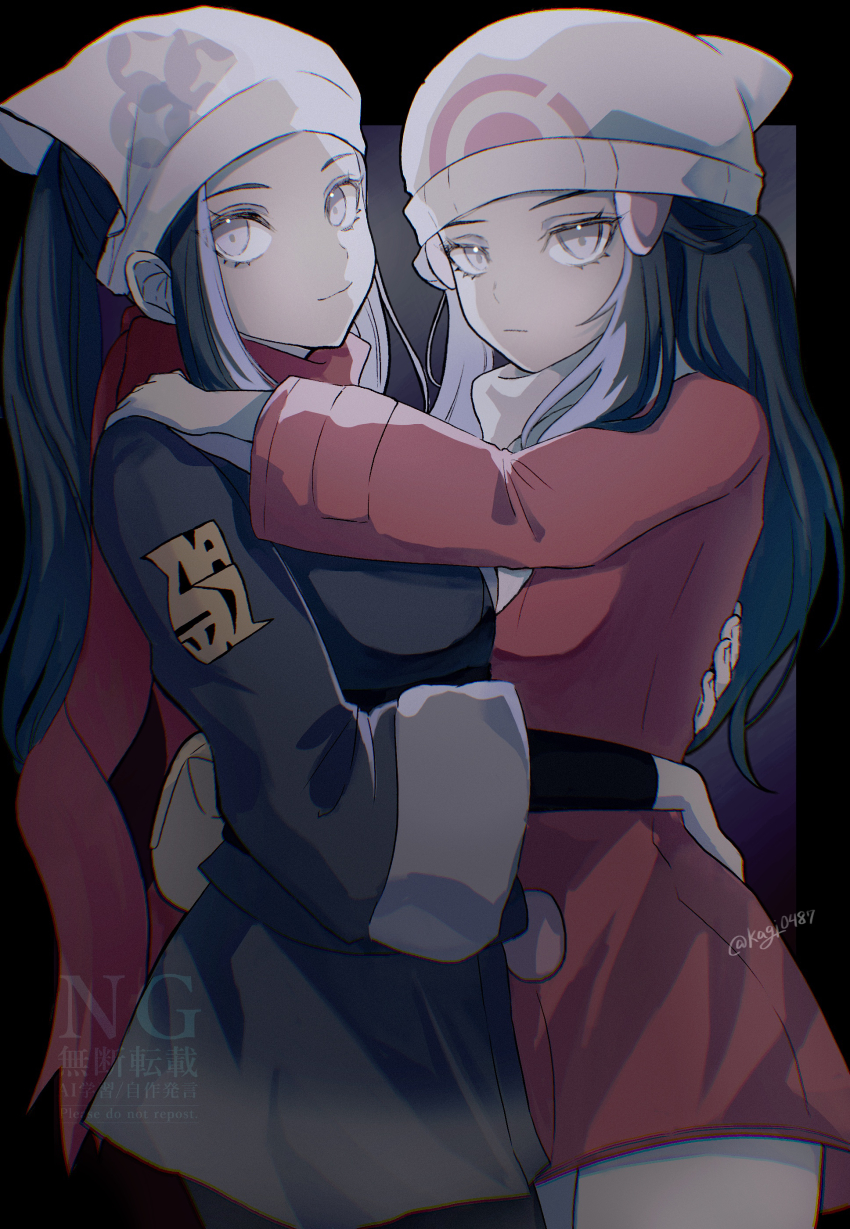2girls absurdres akari_(pokemon) beanie black_hair black_sash blue_eyes blue_hair closed_mouth coat creatures_(company) dawn_(pokemon) eyelashes galaxy_expedition_team_survey_corps_uniform game_freak grey_eyes hair_ornament hairclip hat headscarf highres holding jacket kagi0487_(weiss_9610) long_hair looking_at_viewer multiple_girls nintendo pantyhose pokemon pokemon_dppt pokemon_legends:_arceus pokemon_platinum ponytail red_coat red_scarf sash scarf sidelocks white_hat white_headscarf