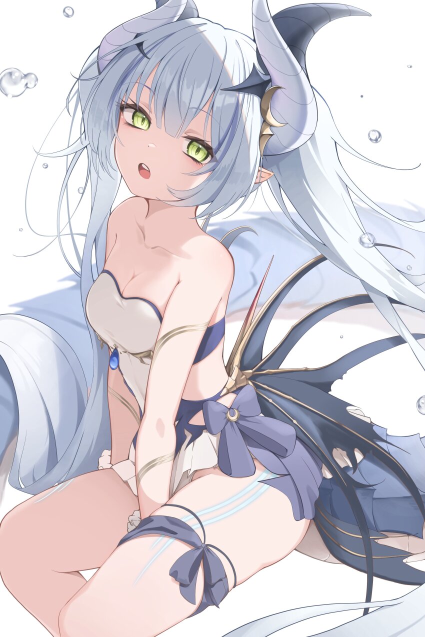 1girl absurdres arm_markings arm_support black_horns bracelet breasts cleavage collarbone commentary_request dragon_girl dragon_tail dress green_eyes hair_between_eyes highres horns ichien_ekaki jewelry leg_wrap long_hair looking_at_viewer looking_up medium_breasts multiple_horns open_mouth pointy_ears shadowverse shadowverse_evolve shipsbane_plesiosaurus_(shadowverse) sitting solo tail twintails water_drop white_background white_dress white_horns