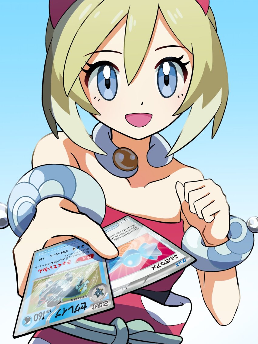 1girl baxcalibur black_sash blonde_hair blue_eyes bob_cut bracelet collar collarbone hair_between_eyes hairband highres irida_(pokemon) jewelry mikan_(mikan_no_happa) neck_ring nintendo pearl_clan_outfit pokemon pokemon_legends:_arceus pokemon_tcg rare_candy red_hairband red_shirt sash shirt short_hair shorts solo strapless strapless_shirt trading_card upper_body waist_cape white_shorts