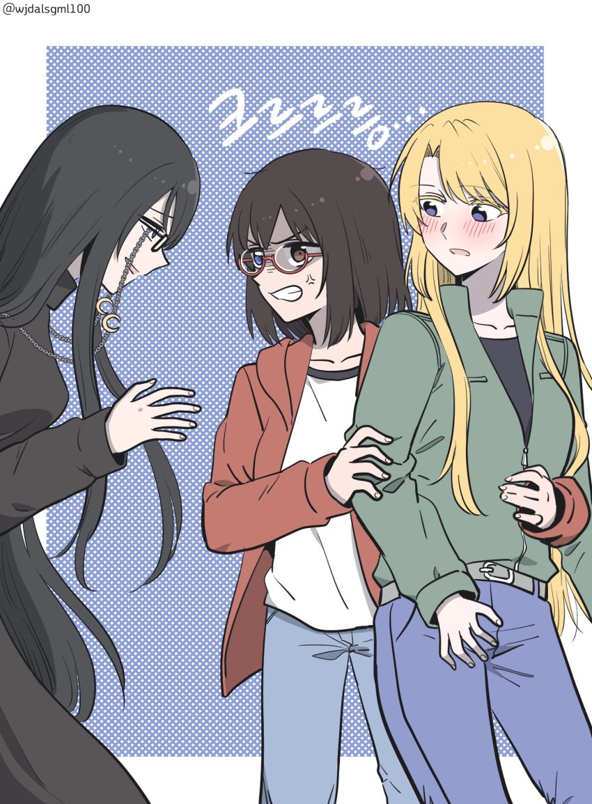 3girls anger_vein black_dress black_hair blonde_hair blue_eyes blush brown_hair dress eyewear_strap glasses heterochromia highres hood hoodie jealous kamikoshi_sorawo kumaman long_hair multiple_girls nishina_toriko red_hoodie urasekai_picnic uruma_satsuki very_long_hair yuri