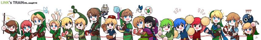 1girl 6+boys ? ?? absurdres animal_ear_hood animal_ears animal_hood apple arms_up belt belt_bag belt_buckle black_eyes blonde_hair blue_cape blue_eyes blue_hair blue_shirt blue_sleeves brown_bag brown_belt brown_gloves brown_hair brown_shirt brown_sleeves buckle cape chain chain_chomp character_name chest_belt commentary_request creature eating english_text ezlo fairy fake_animal_ears fingerless_gloves flag food fruit g_jang8110 gloves green_headwear green_shirt green_tunic height_difference highres holding holding_creature holding_flag holding_funnel holding_pom_poms hood hug korean_commentary lineup link long_image long_sleeves male_focus mario_(series) midna motion_lines multiple_boys navi nintendo notice_lines open_mouth orange_hair pointy_ears pointy_hat pom_pom_(cheerleading) pom_poms ponytail rabbit_ears rabbit_hood red_hair red_headwear red_shirt red_sleeves red_tunic sharp_teeth shirt short_hair_with_long_locks short_ponytail simple_background smile speech_bubble string string_of_fate sword sword_on_back tatl teeth the_legend_of_zelda the_legend_of_zelda:_a_link_to_the_past the_legend_of_zelda:_breath_of_the_wild the_legend_of_zelda:_four_swords the_legend_of_zelda:_majora&#039;s_mask the_legend_of_zelda:_ocarina_of_time the_legend_of_zelda:_oracle_of_ages the_legend_of_zelda:_oracle_of_seasons the_legend_of_zelda:_skyward_sword the_legend_of_zelda:_spirit_tracks the_legend_of_zelda:_the_minish_cap the_legend_of_zelda:_the_wind_waker the_legend_of_zelda:_twilight_princess the_legend_of_zelda_(nes) time_paradox toon_link tunic twitter_username upper_body weapon weapon_on_back white_background white_shirt wide_image young_link zelda_ii:_the_adventure_of_link