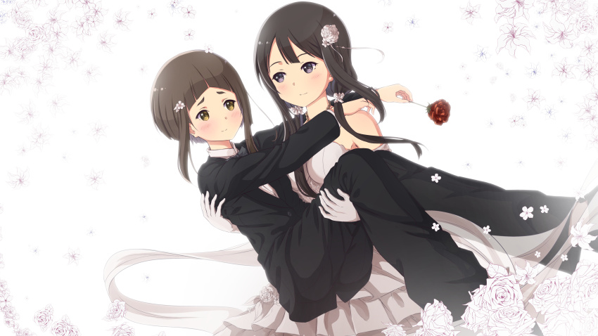 2girls absurdres black_pants blazer blush bride brown_eyes brown_hair carrying closed_mouth commentary dress elbow_gloves flower formal_clothes gloves groom hair_flower hair_ornament highres holding holding_flower itaro jacket kagajou_suzume kusunoki_mebuki kusunoki_mebuki_wa_yuusha_de_aru long_hair looking_at_another low_twintails multiple_girls pants princess_carry purple_eyes red_flower red_rose rose short_hair_with_long_locks smile suit twintails wedding_dress white_background white_flower white_gloves white_rose yuusha_de_aru