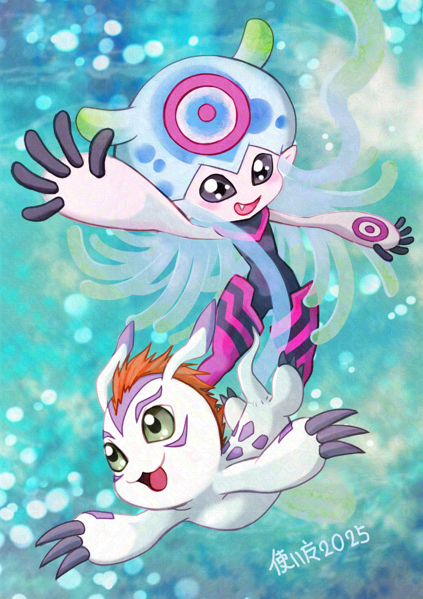 colored_skin digimon digimon_(creature) gomamon jellyfish_girl jellymon monster_girl orange_hair pink_skin pixiv_user_(42891114) tentacle_hair tentacles white_skin