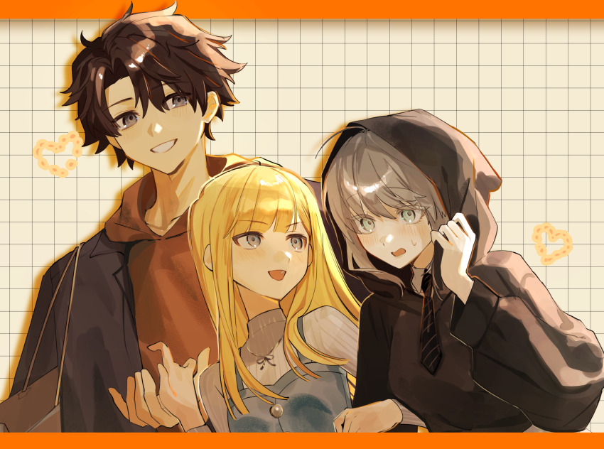 1boy 2girls blonde_hair casual fate/grand_order fate_(series) fujimaru_ritsuka_(male) gray_(fate) grey_hair highres lord_el-melloi_ii_case_files multiple_girls reines_el-melloi_archisorte tokoni_fusu