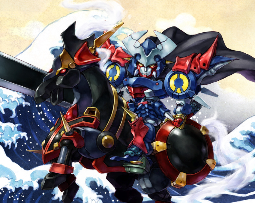 aussenseiter banpresto cape chibi clenched_hand dygenguar horse mecha nakamura_kanko riding robot super_robot_wars super_robot_wars_original_generation sword waves weapon