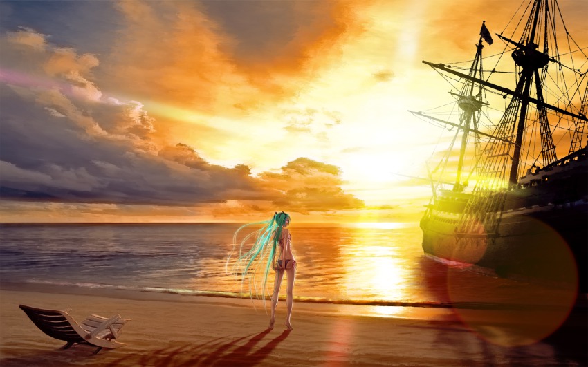 1girl aqua_hair beach bikini boat female_focus hatsune_miku highres long_hair looking_back ship solo sunset swimsuit twintails very_long_hair vocaloid watercraft wokada