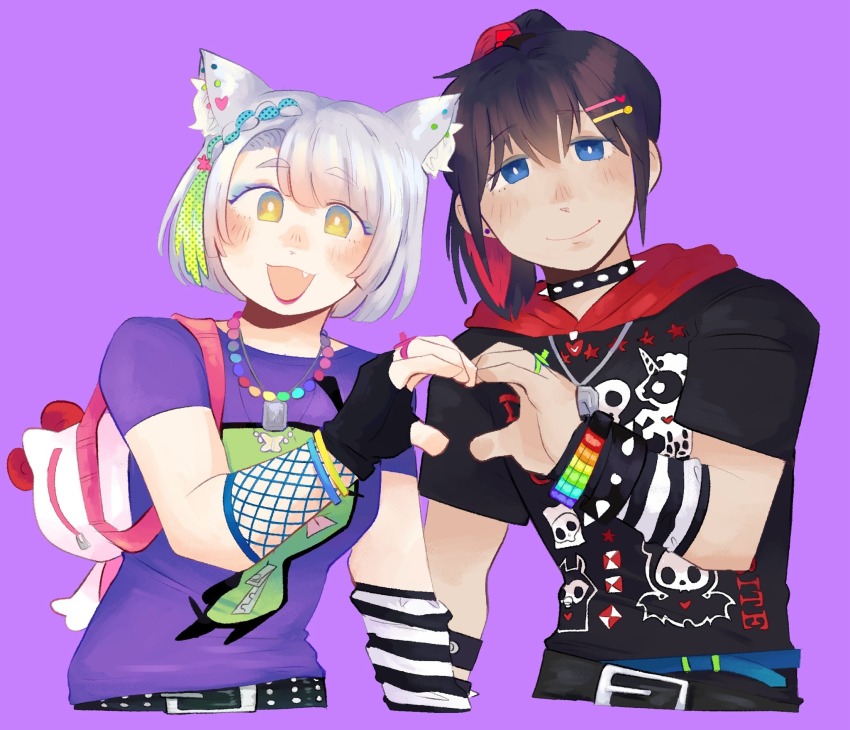 1boy 1girl :d belt black_gloves black_hair black_shirt blue_eyeshadow bracelet choker cropped_torso eyeshadow fang fingerless_gloves gir_(invader_zim) gloves grey_hair hair_ornament hairclip heart heart_hands heart_hands_duo highres hoshizora_lone invader_zim jewelry makeup medium_hair mio_(xenoblade) multicolored_hair necklace noah_(xenoblade) open_mouth ponytail purple_background purple_shirt scene_fashion shirt short_hair simple_background smile spiked_bracelet spiked_choker spikes streaked_hair xenoblade_chronicles_(series) xenoblade_chronicles_3 yellow_eyes