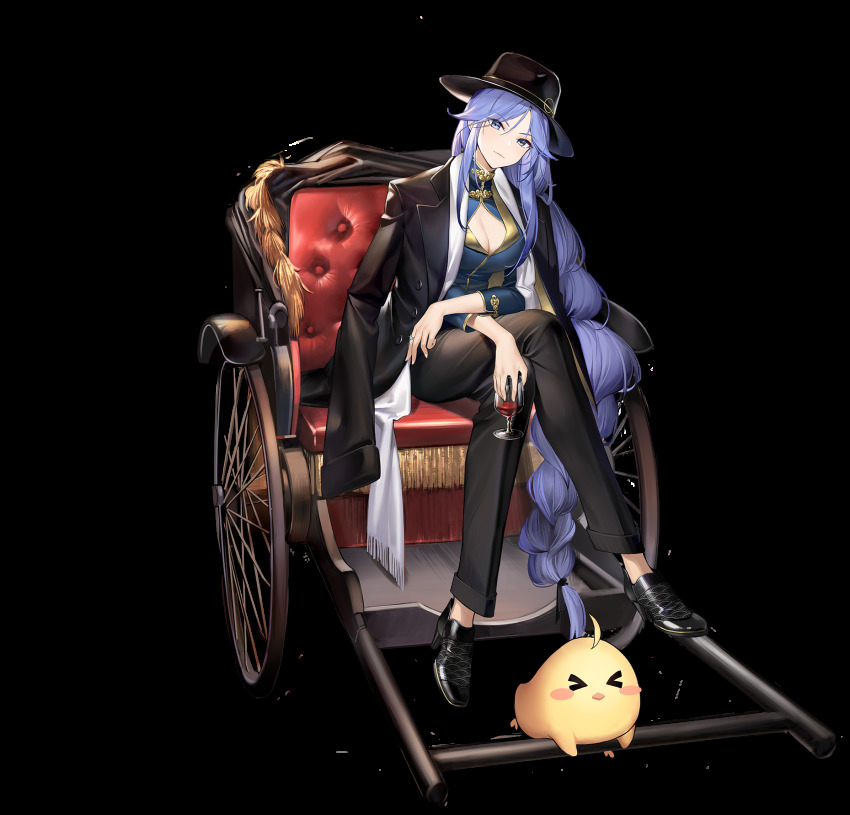 1girl alcohol artist_request azur_lane biloxi_(azur_lane) biloxi_(dapper_gangstress)_(azur_lane) black_footwear blue_eyes blue_hair braid breasts cleavage closed_mouth cup drinking_glass female_focus high_heels highres holding holding_cup large_breasts long_hair looking_at_viewer manjuu_(azur_lane) official_alternate_costume official_art smile solo transparent_background very_long_hair wine wine_glass