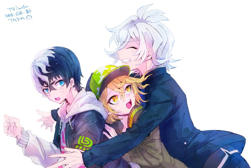 3boys :o ^_^ absurdres black_hair black_jacket blonde_hair blue_eyes blue_jacket closed_eyes commentary_request front-to-back green_jacket grin group_hug highres hood hoodie hug jacket kamiya_shun kuronaka_yo looking_at_another looking_up male_focus multicolored_hair multiple_boys nk6kmnmn shirokane_haru simple_background smile sweatdrop tribe_nine two-tone_hair white_background white_hair white_hoodie yellow_eyes