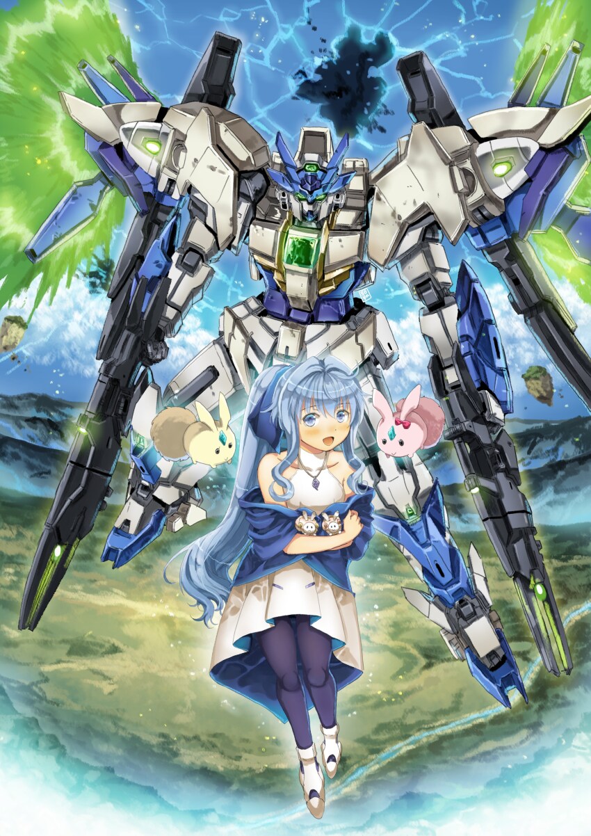 1girl absurdres black_pantyhose blue_bow blue_cardigan blue_eyes blue_hair bow cardigan dress dual_wielding garimpeiro gn_drive gun gundam gundam_00_sky_moebius gundam_build_divers gundam_build_divers_re:rise hair_bow halter_dress halterneck highres holding holding_gun holding_weapon mecha mecha_focus mol_(gundam_build_divers) off_shoulder open_mouth pantyhose ponytail robot sara_(gundam_build_divers) science_fiction shoes smile weapon white_dress white_shoes