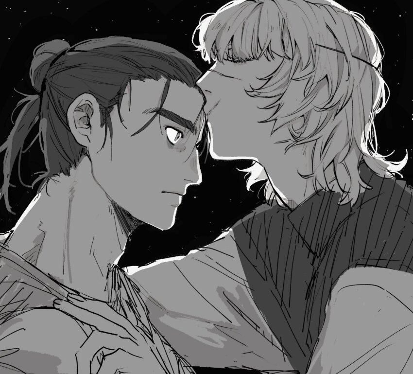 2boys adam&#039;s_apple badeni chi.:_chikyuu_no_undou_ni_tsuite closed_eyes closed_mouth commentary_request greyscale hand_on_another&#039;s_shoulder havuegigwibaini highres kiss kissing_forehead long_sleeves looking_at_another male_focus monochrome multiple_boys oczy popped_collar profile shirt short_hair sky star_(sky) starry_sky upper_body yaoi