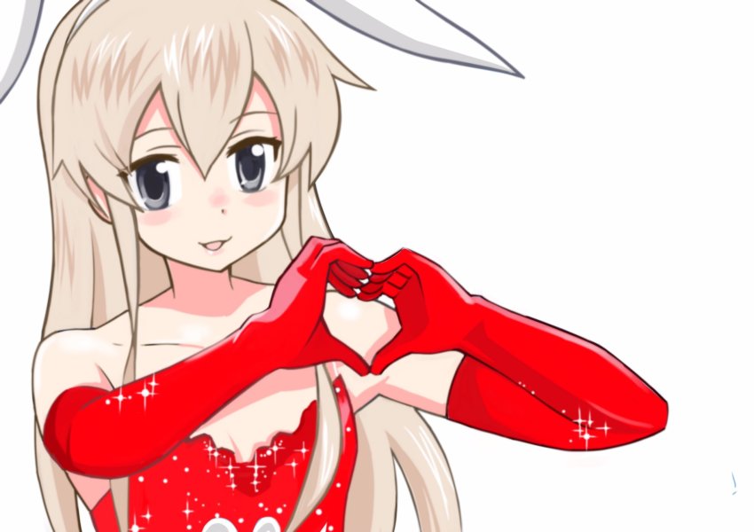 1girl animal_ears blonde_hair breasts commentary_request elbow_gloves fake_animal_ears female_focus gloves green_eyes hairband heart heart_hands highres inoue_kousei kantai_collection lipstick long_hair makeup off_shoulder open_mouth rabbit_ears sequins shimakaze_(kancolle) sidelocks small_breasts smile solo upper_body white_background