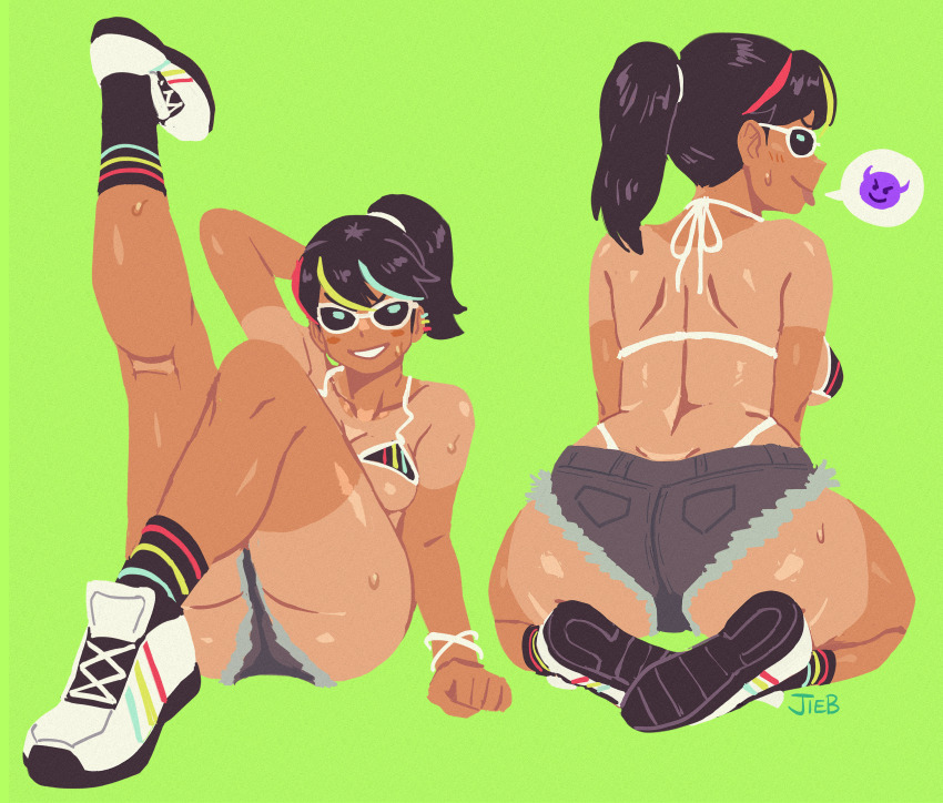 1girl :p absurdres arm_behind_head artist_name ass bikini black_hair black_socks blush breasts dark-skinned_female dark_skin demon_emoji denim denim_shorts emoji from_behind green_background highres leg_up multiple_views original ponytail shiny_skin short_shorts shorts simple_background smile socks spoken_expression string_bikini sweat swimsuit tan tanline the_jieb toned toned_female tongue tongue_out white_footwear yeet-chan_(the_jieb)