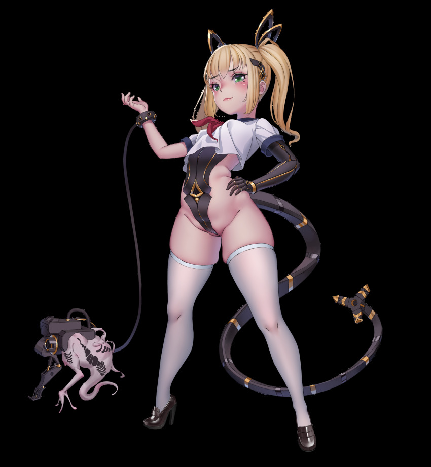 1girl absurdres animal_ears black_leotard black_shoes blonde_hair blush bracer cleft_of_venus crop_top cthulhu cthulhu_mythos eldritch_abomination fake_animal_ears fang fang_out female_focus full_body green_eyes hair_ornament hand_on_own_hip high_heels highres leash leotard loafers loli long_hair looking_at_viewer mechanical_arms mechanical_tail monster neckerchief personification pinup_(style) pussy rabbit_ears red_neckerchief revealing_clothes rhasta shirt shoes short_sleeves single_mechanical_arm skindentation smug solo standing t-shirt tail thighhighs wedgie white_background white_shirt white_thighhighs