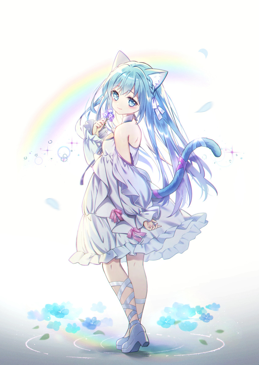 1girl absurdres animal_ear_fluff animal_ears bare_shoulders blue_eyes blue_flower blue_hair braid cat_ears cat_girl cat_tail closed_mouth commentary_request commission danby_merong detached_sleeves dress flower hand_up high_heels highres holding holding_flower long_hair long_sleeves looking_at_viewer looking_back original petals pixiv_commission puffy_long_sleeves puffy_sleeves purple_flower rainbow shoes sleeves_past_wrists smile solo standing tail very_long_hair white_background white_dress white_shoes white_sleeves