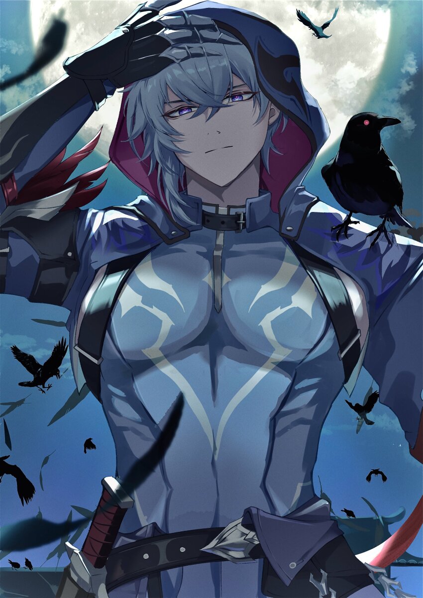 1boy absurdres aice_alice_ice animal animal_on_shoulder arm_up asymmetrical_hair belt belt_buckle belt_collar bird black_belt buckle collar commentary_request covered_abs covered_pectorals cowboy_shot crossed_bangs crow falling_feathers feathers full_moon grey_hair hand_on_own_head highres holstered honkai:_star_rail honkai_(series) hood hood_up long_sleeves looking_at_viewer male_focus moon moze_(honkai:_star_rail) multicolored_eyes pectorals pouch red_eyes shoulder_belt solo two-sided_hood weapon