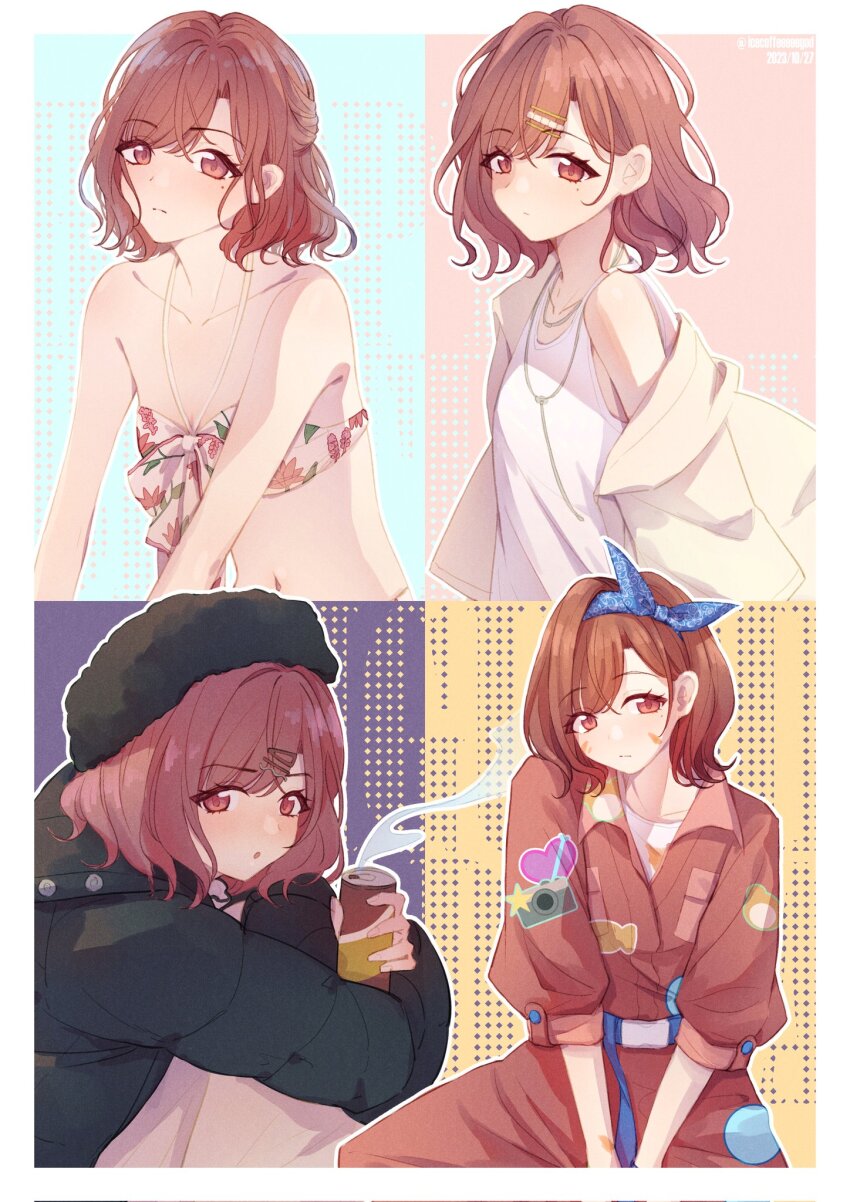 1girl artist_name asymmetrical_bangs bikini black_hat black_jacket blue_hairband blush bow_hairband breasts brown_coat brown_eyes brown_hair can coat collarbone commentary dated dated_commentary down_jacket english_commentary floral_print_bikini hair_ornament hairband hairclip halterneck hat highres higuchi_madoka holding holding_can idolmaster idolmaster_shiny_colors jacket looking_at_viewer mole mole_under_eye multiple_views natsu_(jar1010) open_clothes open_jacket outline paint_splatter paint_splatter_on_face polka_dot polka_dot_background seasons short_hair shoulder_blush single_off_shoulder small_breasts steam swimsuit tank_top white_bikini white_jacket white_outline white_tank_top