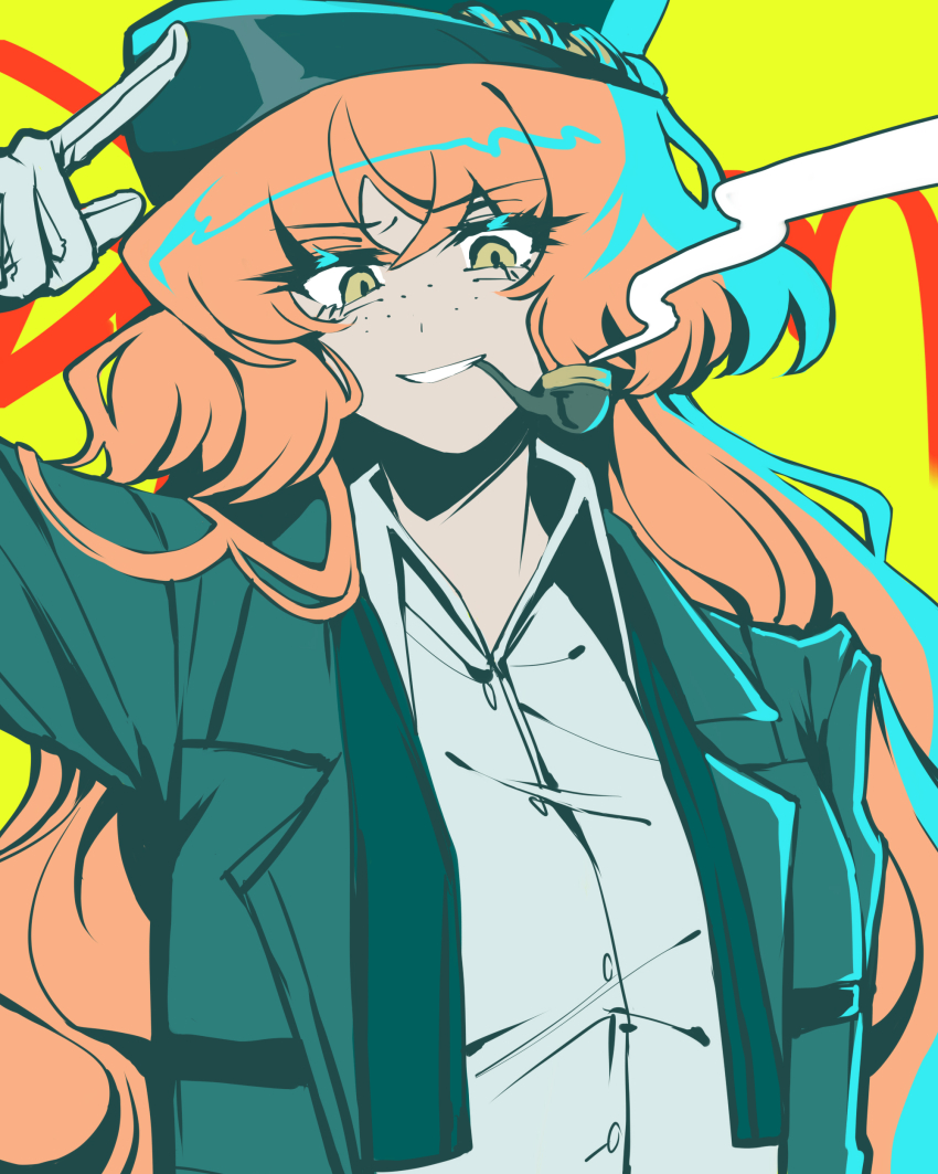 1girl absurdres collared_shirt gloves green_hat green_jacket hat highres ishmael_(project_moon) jacket limbus_company long_hair long_sleeves looking_at_viewer orange_hair peaked_cap pequod_(identity)_(project_moon) project_moon shirt simple_background smoking_pipe solo tachibana_limbu upper_body very_long_hair white_gloves yellow_background yellow_eyes