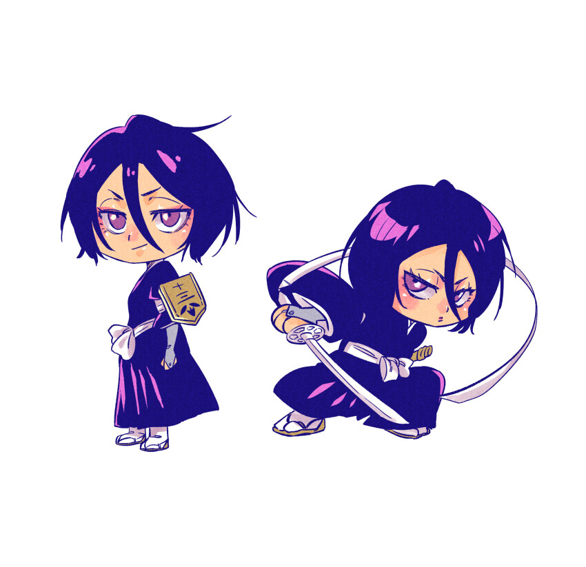 1girl arm_warmers black_hair black_kimono bleach blush_stickers chibi chibi_only closed_mouth commentary double-parted_bangs eyelashes fighting_stance full_body hair_between_eyes hand_up highres holding holding_sword holding_weapon japanese_clothes katana kimono kuchiki_rukia long_sleeves looking_at_viewer multiple_views obi purple_eyes ribbon sash short_hair simple_background smirk sode_no_shirayuki_(shikai) standing sword tabi tsurime v-shaped_eyebrows weapon white_background white_ribbon wide_sleeves yshjsw
