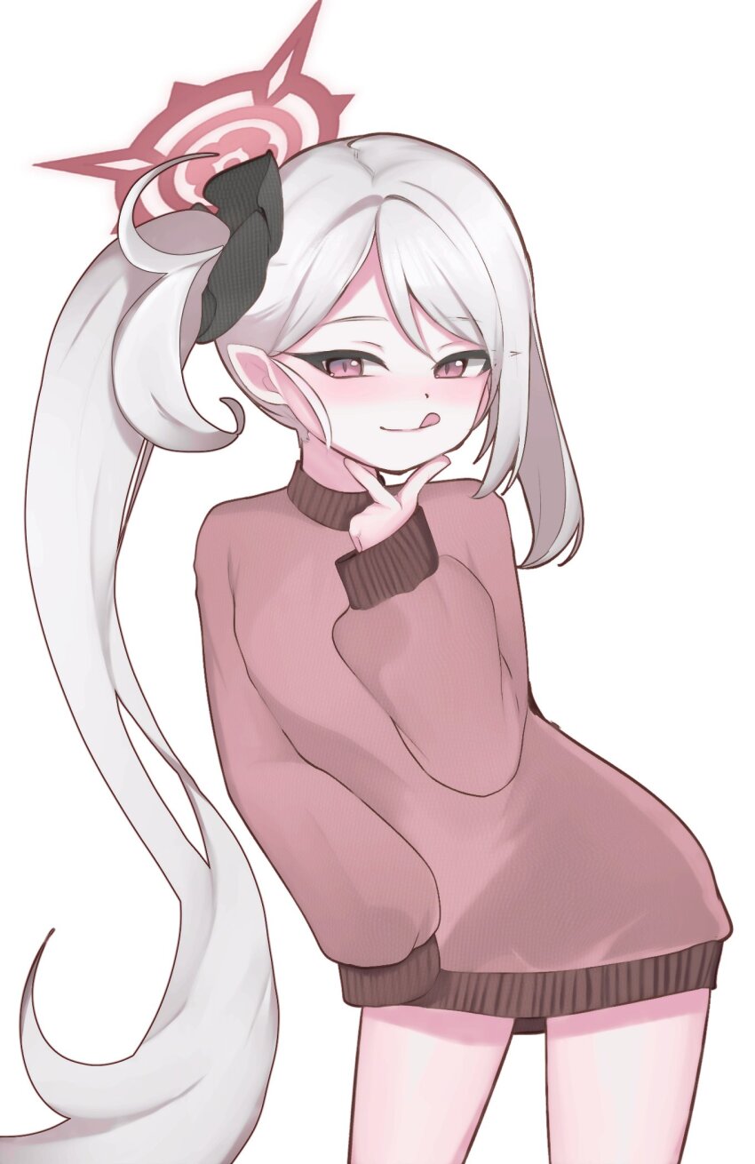 1girl blue_archive blush child closed_mouth cowboy_shot eyelashes female_focus grey_hair halo highres leaning_to_the_side looking_at_viewer meemz_a mutsuki_(blue_archive) naked_sweater pink_eyes pink_sweater pointy_ears ponytail red_halo side_ponytail simple_background sleeves_past_fingers sleeves_past_wrists smile smug solo standing sweater tongue tongue_out white_background