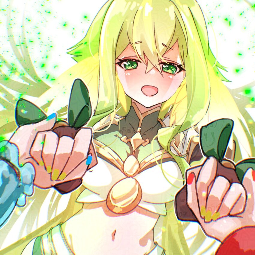 3girls az_(colorb05) blue_nails blush breasts bridal_gauntlets duel_monster green_eyes green_hair ha-re_the_sword_mikanko hair_between_eyes highres holding_hands hu-li_the_jewel_mikanko japanese_clothes large_breasts long_sleeves multiple_girls navel ni-ni_the_mirror_mikanko official_alternate_costume official_alternate_hairstyle open_mouth red_nails smile solo_focus stomach yellow_nails yu-gi-oh!