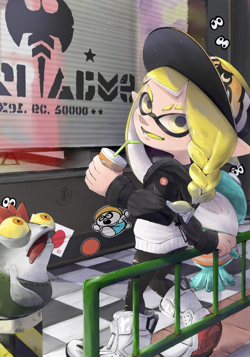 1girl artist_name baseball_cap black_jacket black_leggings blonde_hair blunt_bangs boots braid colored_tongue commentary_request cropped_jacket cup disposable_cup from_behind hair_tie hat highres holding holding_cup hood hood_down hooded_jacket inkling inkling_(language) inkling_girl inkling_player_character jacket jellyfish_(splatoon) leggings long_hair long_sleeves looking_at_viewer looking_back nintendo okome_2g2g open_mouth pointy_ears railing salmonid side_braid signature smallfry_(splatoon) smile solo splatoon_(series) splatoon_3 standing sweater twintails white_boots white_sweater yellow_eyes yellow_hat yellow_tongue