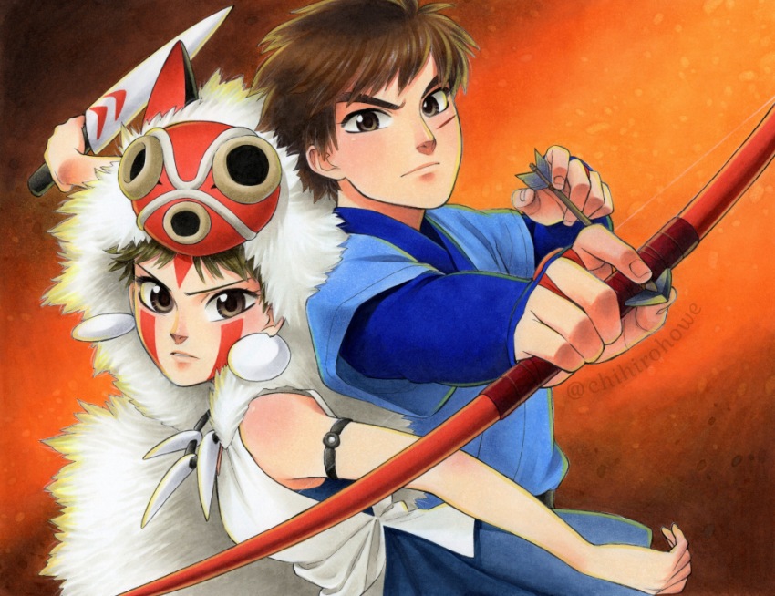 1boy 1girl arrow_(projectile) ashitaka bow_(weapon) breasts brown_eyes brown_hair chihiro_howe commentary_request dagger furrowed_brow highres holding holding_arrow holding_bow_(weapon) holding_dagger holding_knife holding_weapon knife looking_at_viewer marker_(medium) mask mononoke_hime orange_background san_(mononoke_hime) serious small_breasts standing traditional_media upper_body weapon