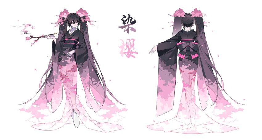 1girl absurdres alternate_costume alternate_eye_color alternate_hair_color alternate_hairstyle black_eyes black_hair bow branch breasts cherry_blossoms closed_mouth commentary_request expressionless falling_petals floral_print flower from_behind gradient_hair hair_between_eyes hatsune_miku highres holding holding_branch japanese_clothes kazenemuri kimono long_sleeves looking_at_viewer multicolored_hair petals pink_flower pink_hair pink_petals see-through_clothes short_hair sidelocks simple_background solo translation_request twintails vocaloid white_background wide_sleeves